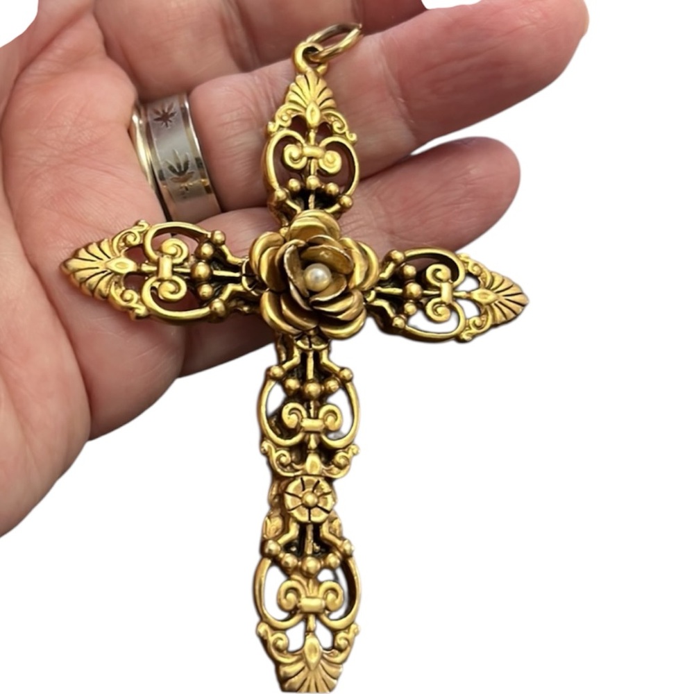 Vintage Simon Chang Gold Filigree Cross Pendant w/ Pearl Center 1980s